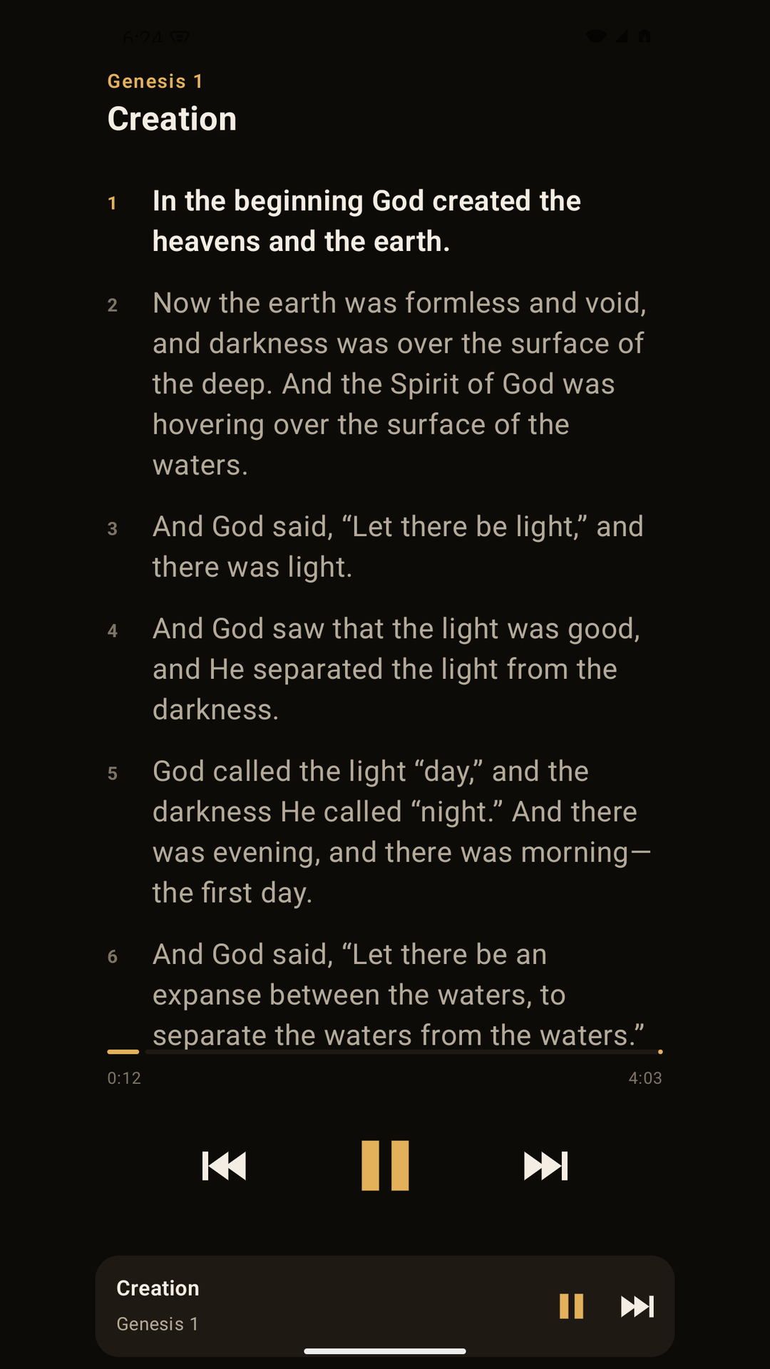 Genesis 1 playing in Rap Bible, with the verse being rapped lit in cream and the rest of the chapter held back